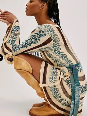 Free People Cream and Teal Floral Knit Mini with Brown Stripes